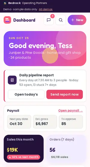 Bedrock Shop on a phone, in coral and violet
